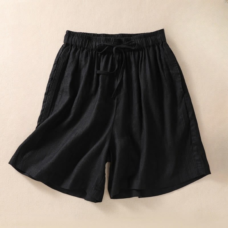 Pantaloncini da donna in cotone e lino con coulisse, motivo floreale ricamato Buddha Stones , casual, con tasche - Nero - US8-10, UK/AU12-14, EU40-42 (2XL) - image 3