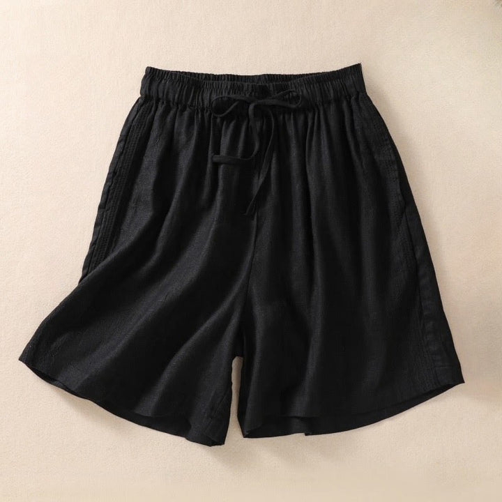 Pantaloncini da donna in cotone e lino con coulisse, motivo floreale ricamato Buddha Stones , casual, con tasche - Nero - US8-10, UK/AU12-14, EU40-42 (2XL) - image 3