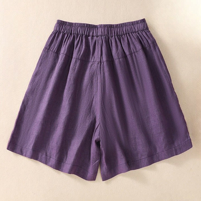 Pantaloncini da donna in cotone e lino con coulisse, motivo floreale ricamato Buddha Stones , casual, con tasche - image 1