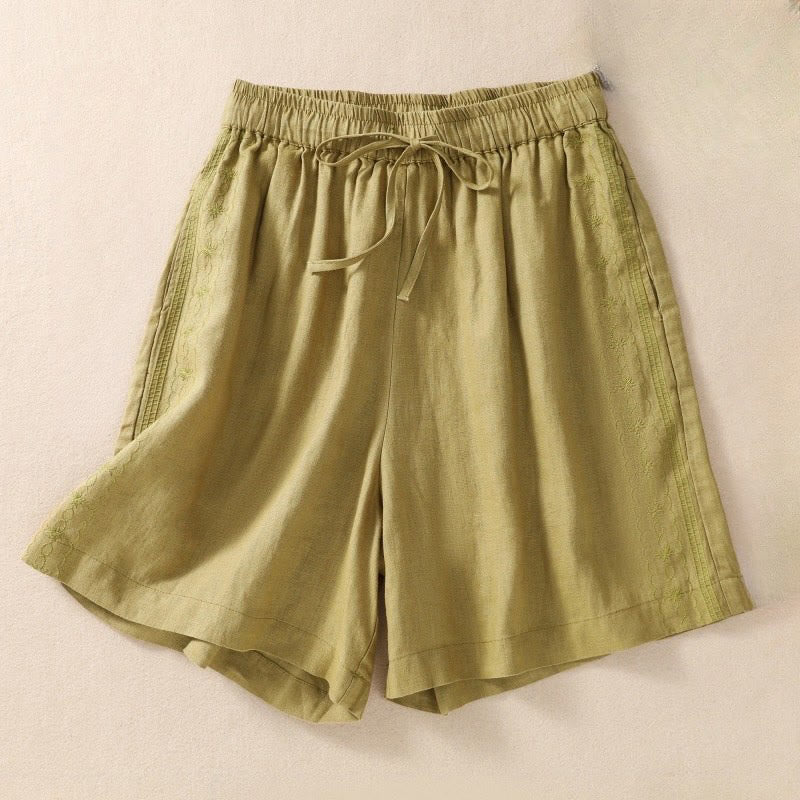 Pantaloncini da donna in cotone e lino con coulisse, motivo floreale ricamato Buddha Stones , casual, con tasche - GialloVerde - US8-10, UK/AU12-14, EU40-42 (2XL) - image 15
