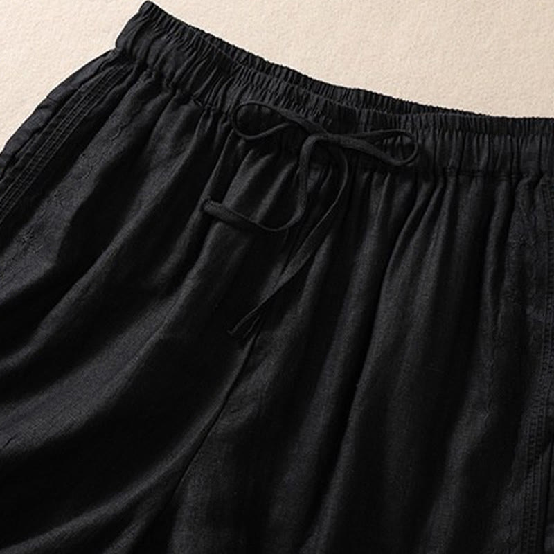 Pantaloncini da donna in cotone e lino con coulisse, motivo floreale ricamato Buddha Stones , casual, con tasche - image 5