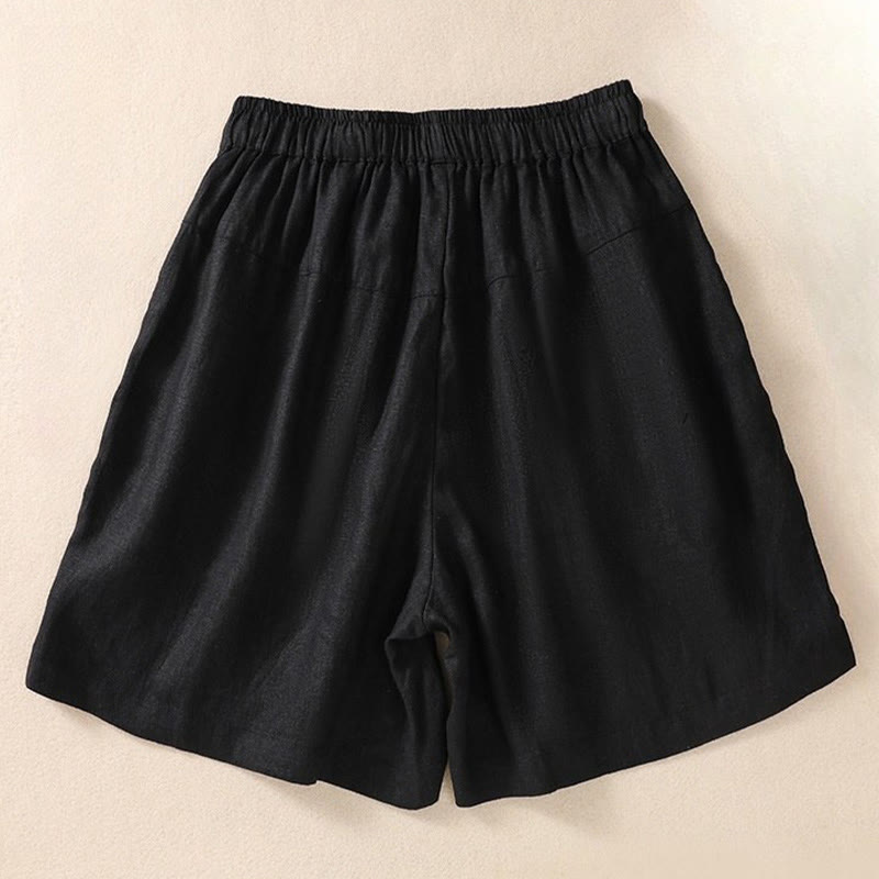 Pantaloncini da donna in cotone e lino con coulisse, motivo floreale ricamato Buddha Stones , casual, con tasche - image 4