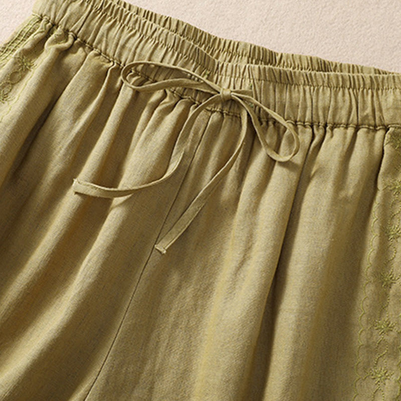 Pantaloncini da donna in cotone e lino con coulisse, motivo floreale ricamato Buddha Stones , casual, con tasche - image 16