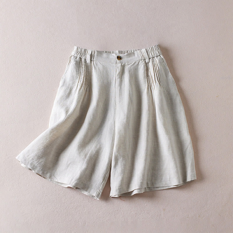 Buddha Stones Summer Daily Simple Wrinkle Design Pantaloncini da donna in cotone e lino con tasche