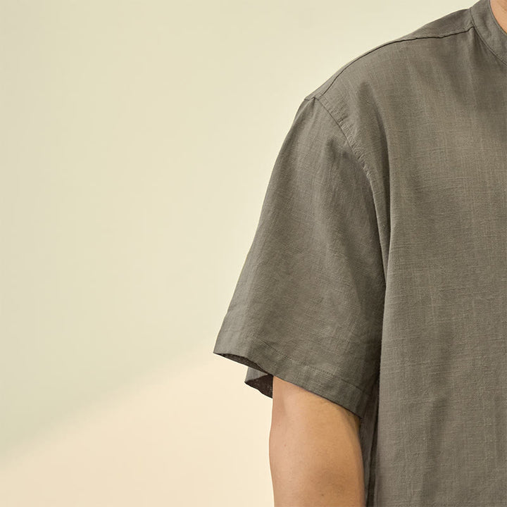 Camicia in cotone e lino con mezza abbottonatura, manica corta, tinta unita, estiva, da uomo, Buddha Stones