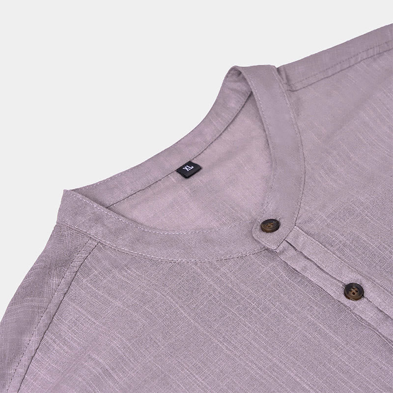 Camicia in cotone e lino con mezza abbottonatura, manica corta, tinta unita, estiva, da uomo, Buddha Stones