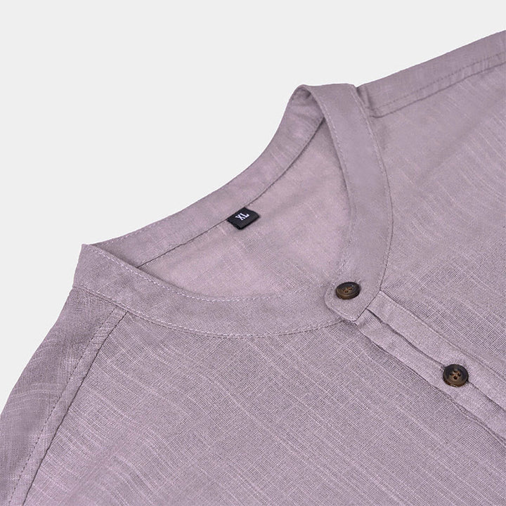 Camicia in cotone e lino con mezza abbottonatura, manica corta, tinta unita, estiva, da uomo, Buddha Stones