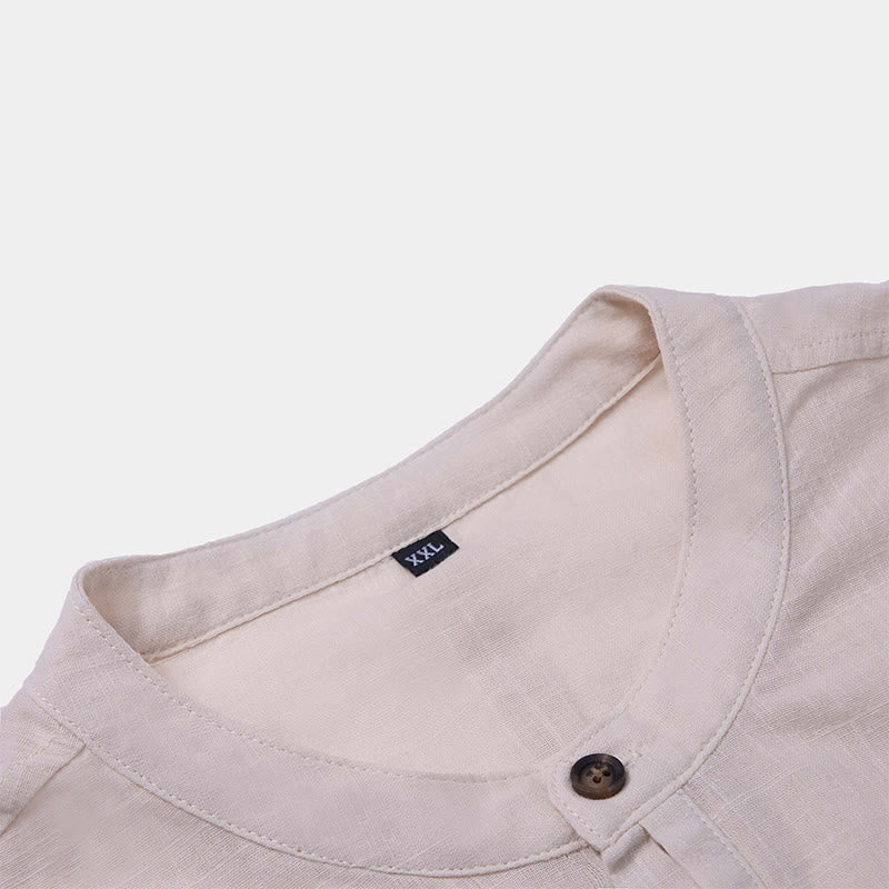 Camicia in cotone e lino con mezza abbottonatura, manica corta, tinta unita, estiva, da uomo, Buddha Stones