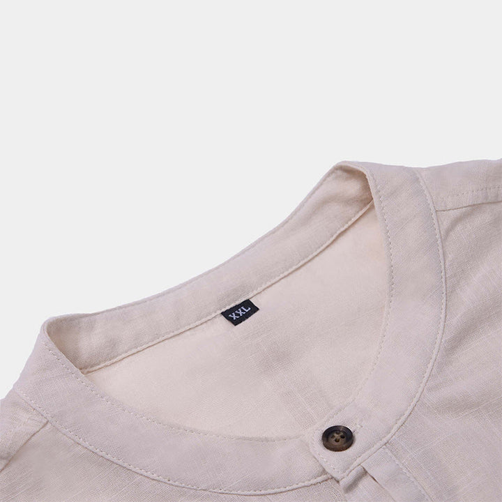 Camicia in cotone e lino con mezza abbottonatura, manica corta, tinta unita, estiva, da uomo, Buddha Stones