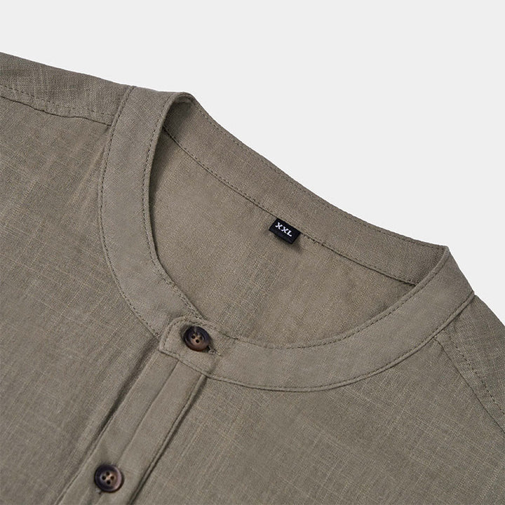 Camicia in cotone e lino con mezza abbottonatura, manica corta, tinta unita, estiva, da uomo, Buddha Stones