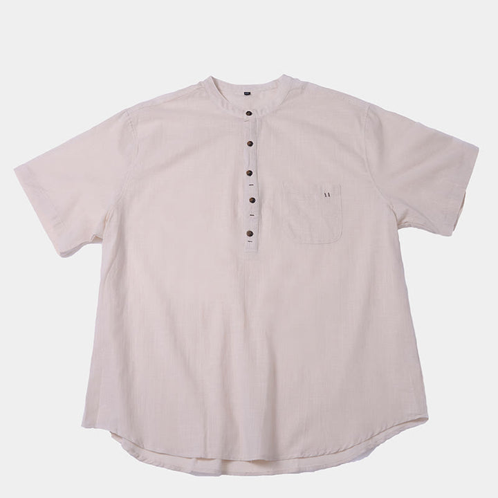 Camicia in cotone e lino con mezza abbottonatura, manica corta, tinta unita, estiva, da uomo, Buddha Stones