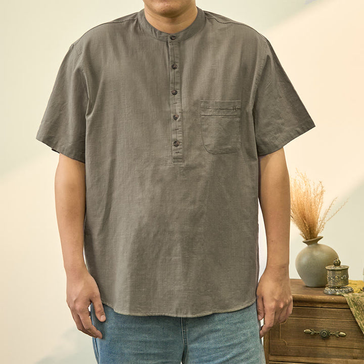 Camicia in cotone e lino con mezza abbottonatura, manica corta, tinta unita, estiva, da uomo, Buddha Stones