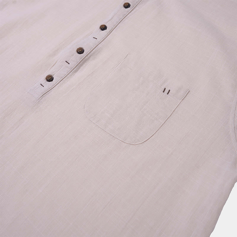 Camicia in cotone e lino con mezza abbottonatura, manica corta, tinta unita, estiva, da uomo, Buddha Stones