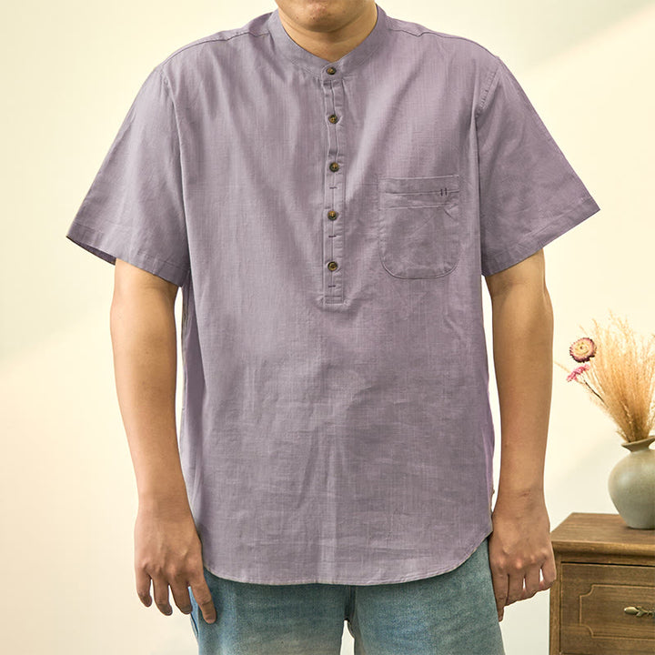 Camicia in cotone e lino con mezza abbottonatura, manica corta, tinta unita, estiva, da uomo, Buddha Stones