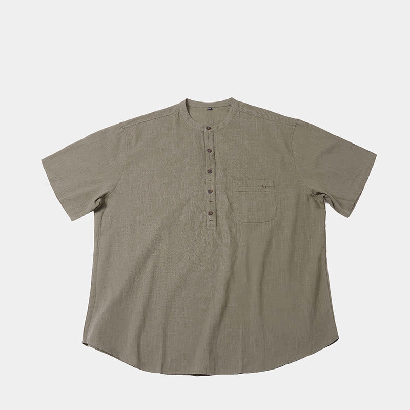 Camicia in cotone e lino con mezza abbottonatura, manica corta, tinta unita, estiva, da uomo, Buddha Stones