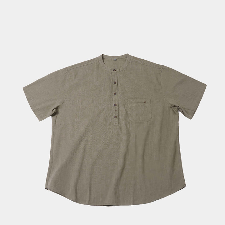 Camicia in cotone e lino con mezza abbottonatura, manica corta, tinta unita, estiva, da uomo, Buddha Stones