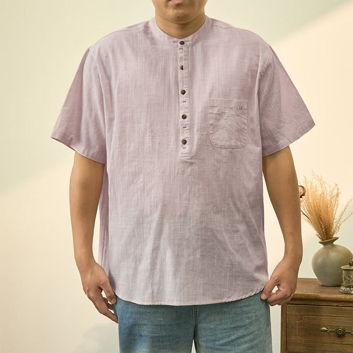 Camicia in cotone e lino con mezza abbottonatura, manica corta, tinta unita, estiva, da uomo, Buddha Stones