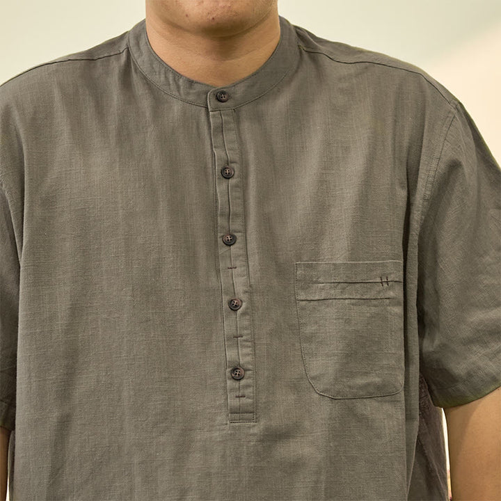 Camicia in cotone e lino con mezza abbottonatura, manica corta, tinta unita, estiva, da uomo, Buddha Stones