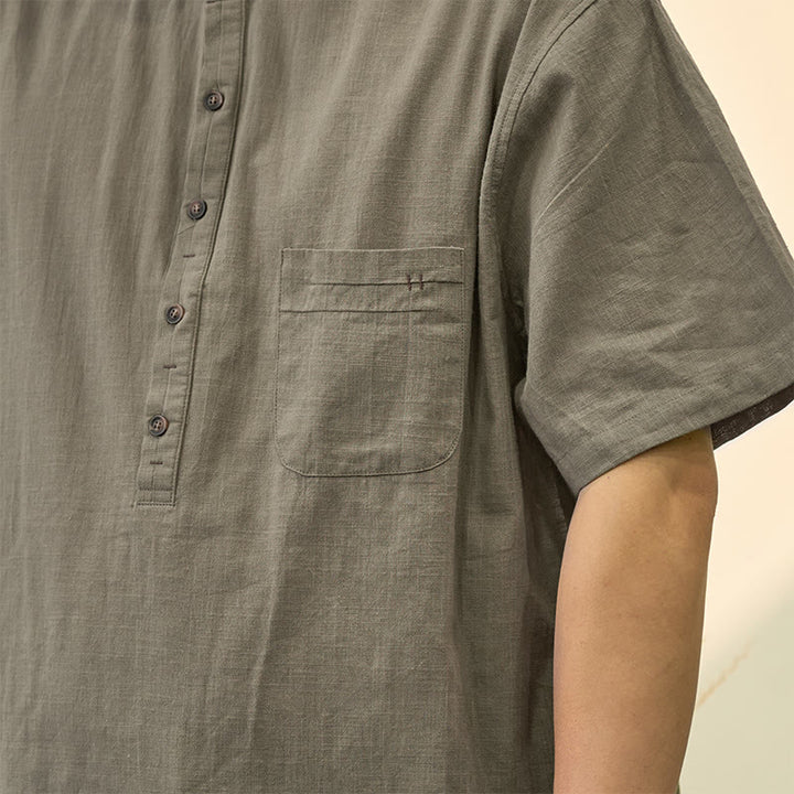 Camicia in cotone e lino con mezza abbottonatura, manica corta, tinta unita, estiva, da uomo, Buddha Stones