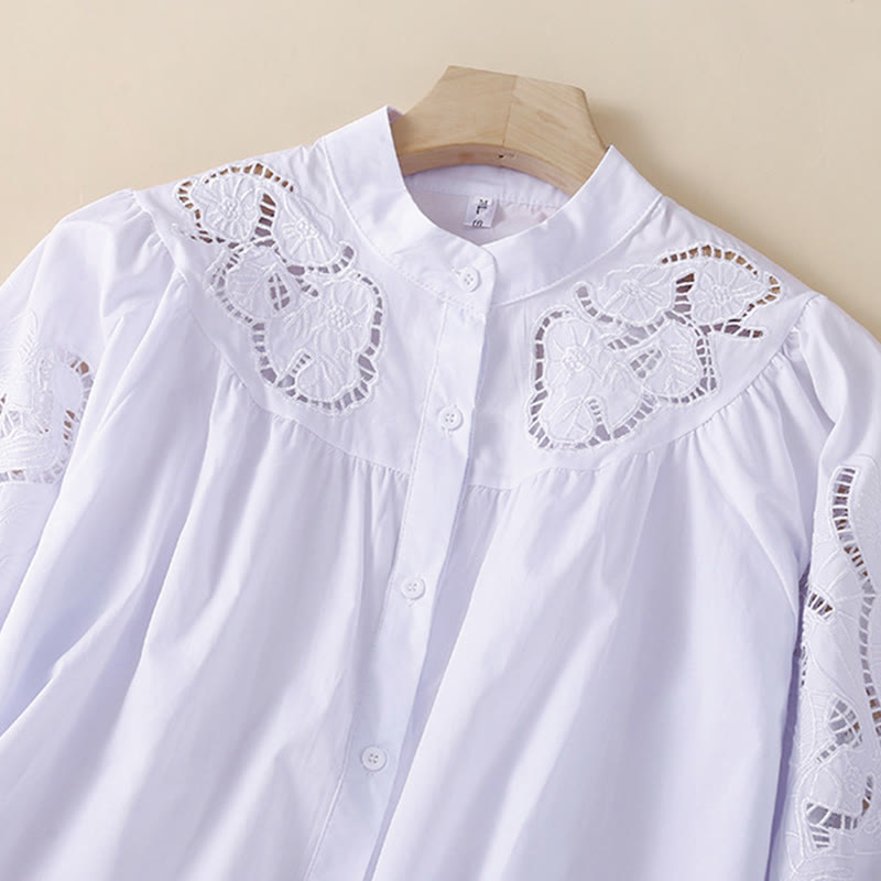 Camicia da donna in lino e cotone con maniche a tre quarti, motivo a foro con ricamo casual Buddha Stones - image 13