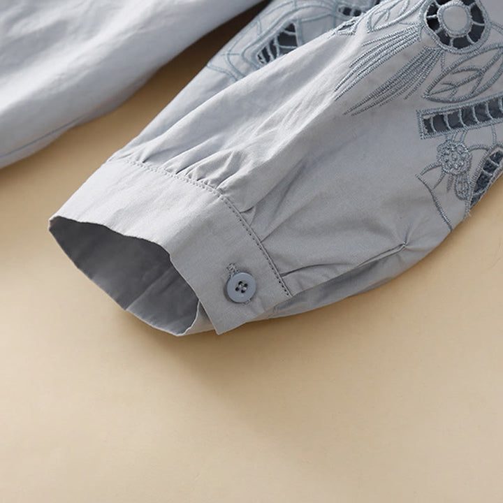 Camicia da donna in lino e cotone con maniche a tre quarti, motivo a foro con ricamo casual Buddha Stones - image 10