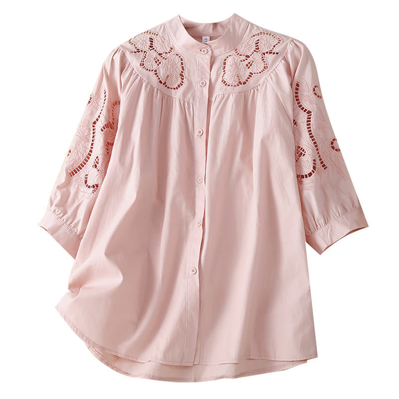 Camicia da donna in lino e cotone con maniche a tre quarti, motivo a foro con ricamo casual Buddha Stones - image 7