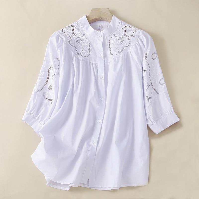 Camicia da donna in lino e cotone con maniche a tre quarti, motivo a foro con ricamo casual Buddha Stones - Bianco - US12, UK/AU16, EU44 (3XL) - image 12