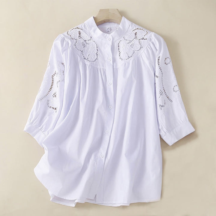 Camicia da donna in lino e cotone con maniche a tre quarti, motivo a foro con ricamo casual Buddha Stones - Bianco - US12, UK/AU16, EU44 (3XL) - image 12