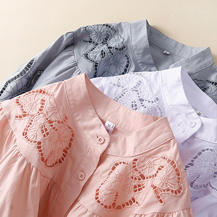 Camicia da donna in lino e cotone con maniche a tre quarti, motivo a foro con ricamo casual Buddha Stones - image 18