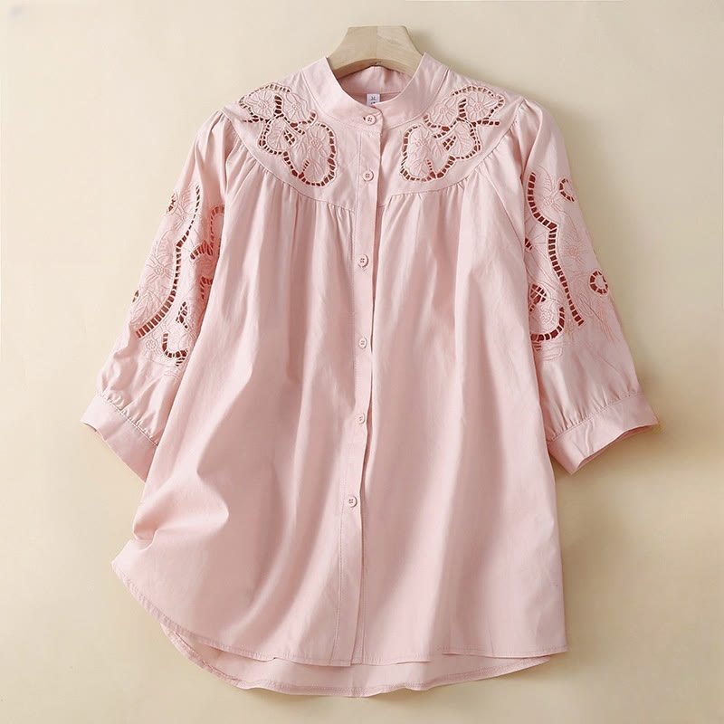 Camicia da donna in lino e cotone con maniche a tre quarti, motivo a foro con ricamo casual Buddha Stones - Rosa chiaro - US12, UK/AU16, EU44 (3XL) - image 0