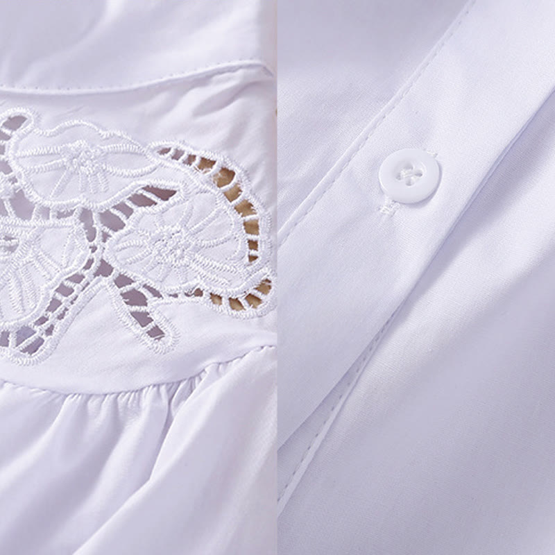Camicia da donna in lino e cotone con maniche a tre quarti, motivo a foro con ricamo casual Buddha Stones - image 14
