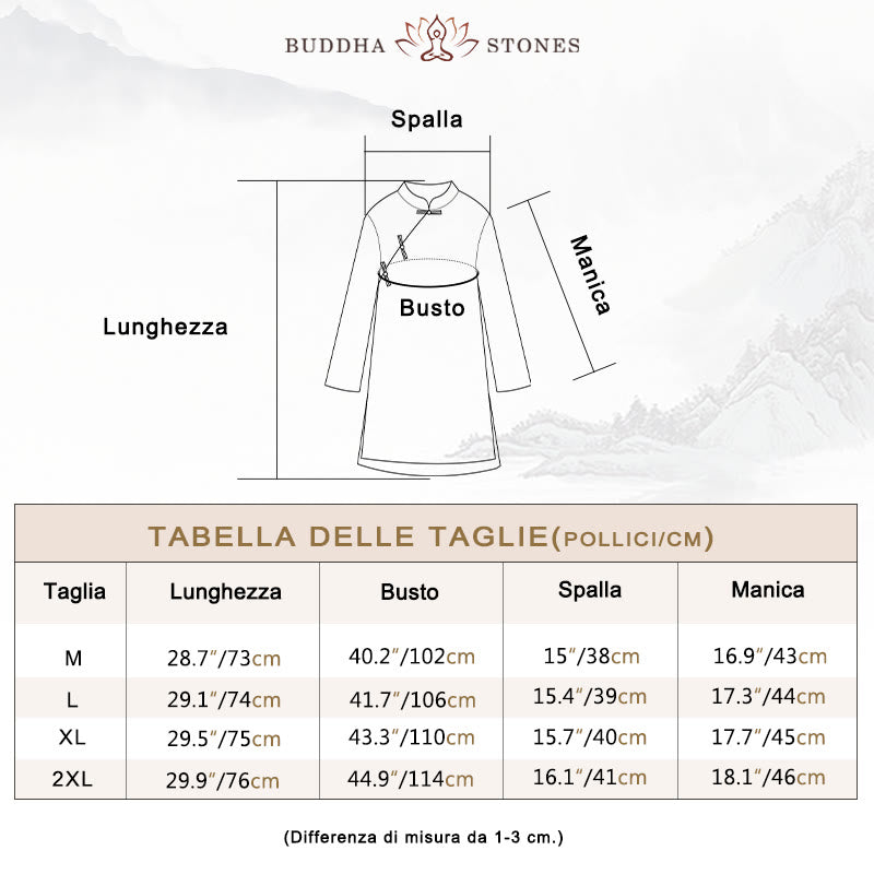 Camicia in cotone e lino a doppio strato con maniche a tre quarti, tinta unita, bottoni a rana, Buddha Stones