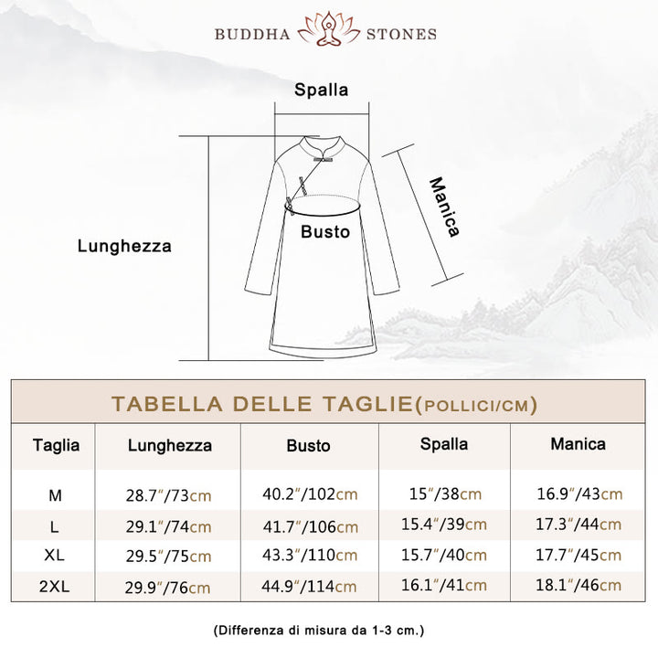Camicia in cotone e lino a doppio strato con maniche a tre quarti, tinta unita, bottoni a rana, Buddha Stones