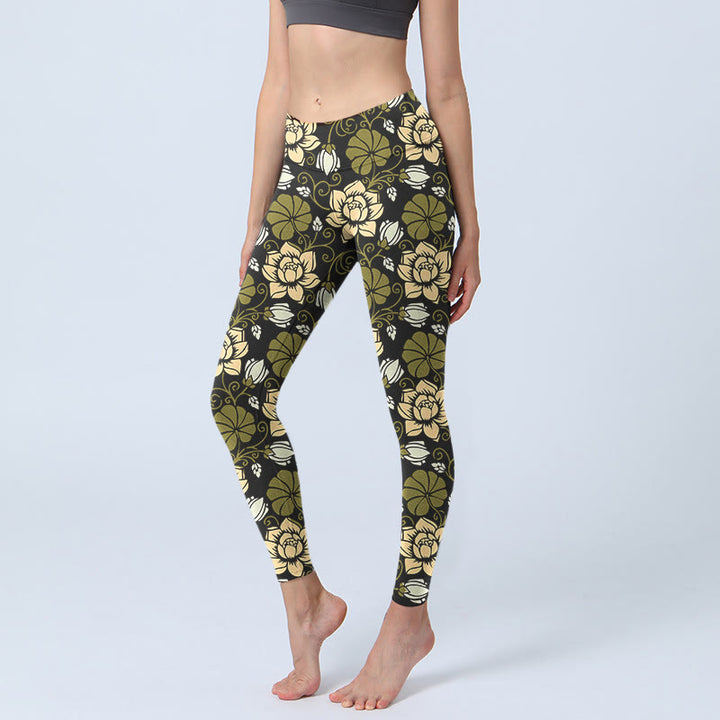 Leggings da palestra con stampa Buddha Stones Yellow Flowers Green Leaves, pantaloni da yoga da donna