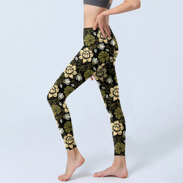 Leggings da palestra con stampa Buddha Stones Yellow Flowers Green Leaves, pantaloni da yoga da donna