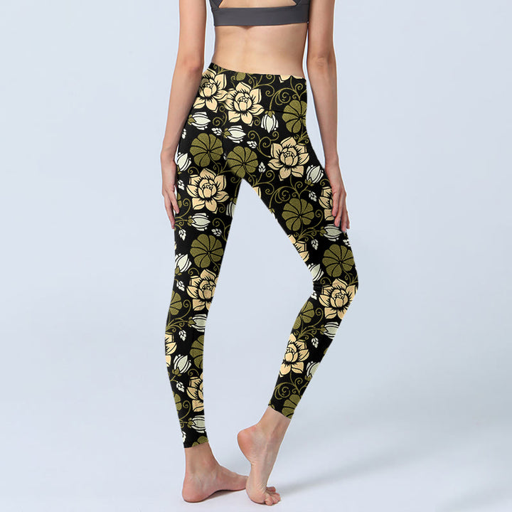 Leggings da palestra con stampa Buddha Stones Yellow Flowers Green Leaves, pantaloni da yoga da donna