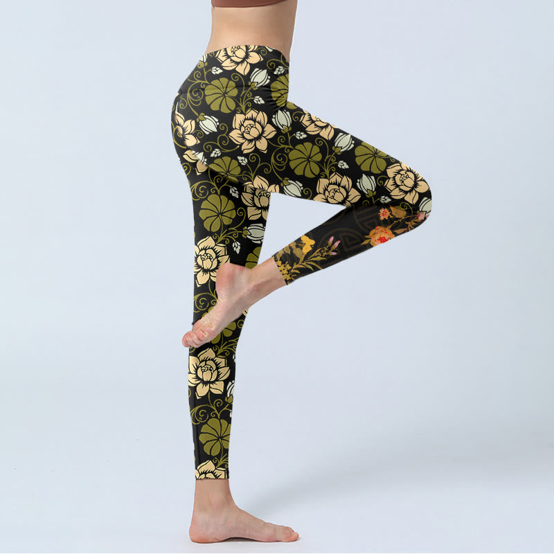 Leggings da palestra con stampa Buddha Stones Yellow Flowers Green Leaves, pantaloni da yoga da donna