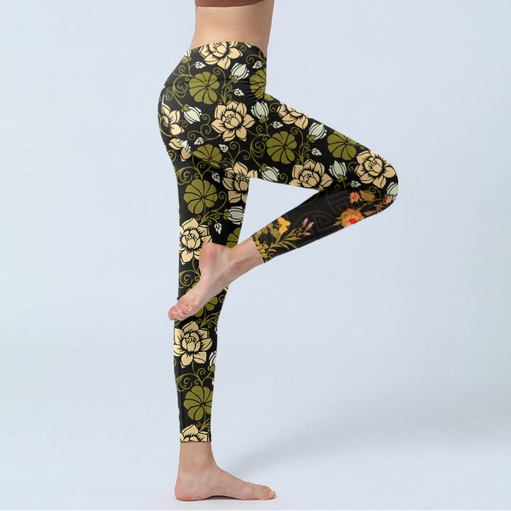 Leggings da palestra con stampa Buddha Stones Yellow Flowers Green Leaves, pantaloni da yoga da donna