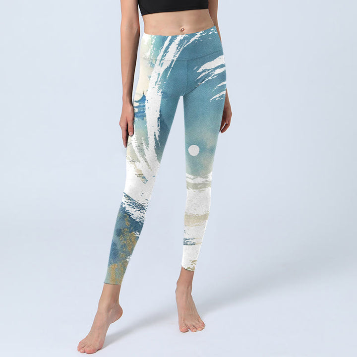 Leggings sportivi da fitness con stampa graffiti , blu, bianco e beige, pantaloni da yoga da donna
