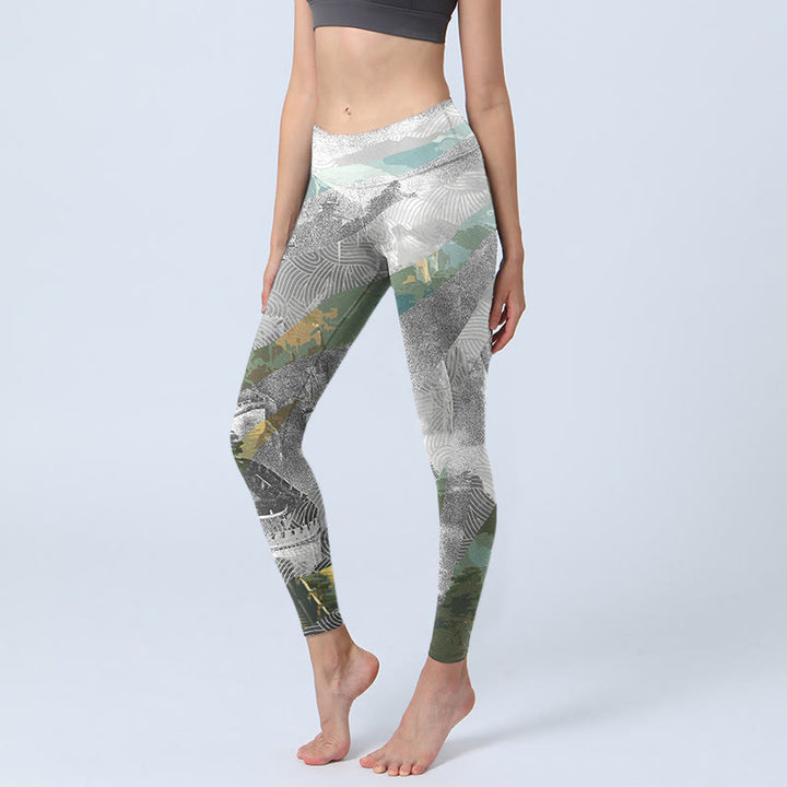 Leggings sportivi da fitness con stampa della Grande Muraglia in stile antico Buddha Stones, pantaloni da yoga da donna