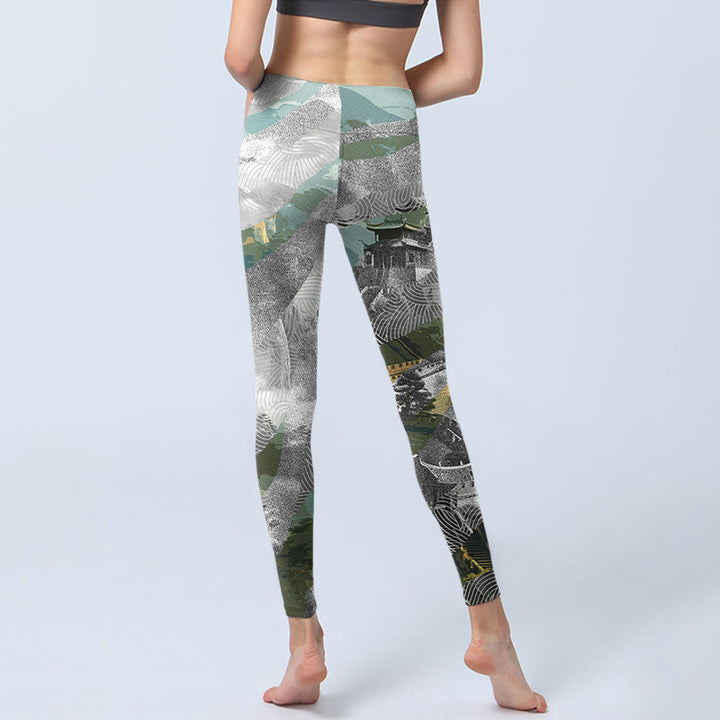 Leggings sportivi da fitness con stampa della Grande Muraglia in stile antico Buddha Stones, pantaloni da yoga da donna