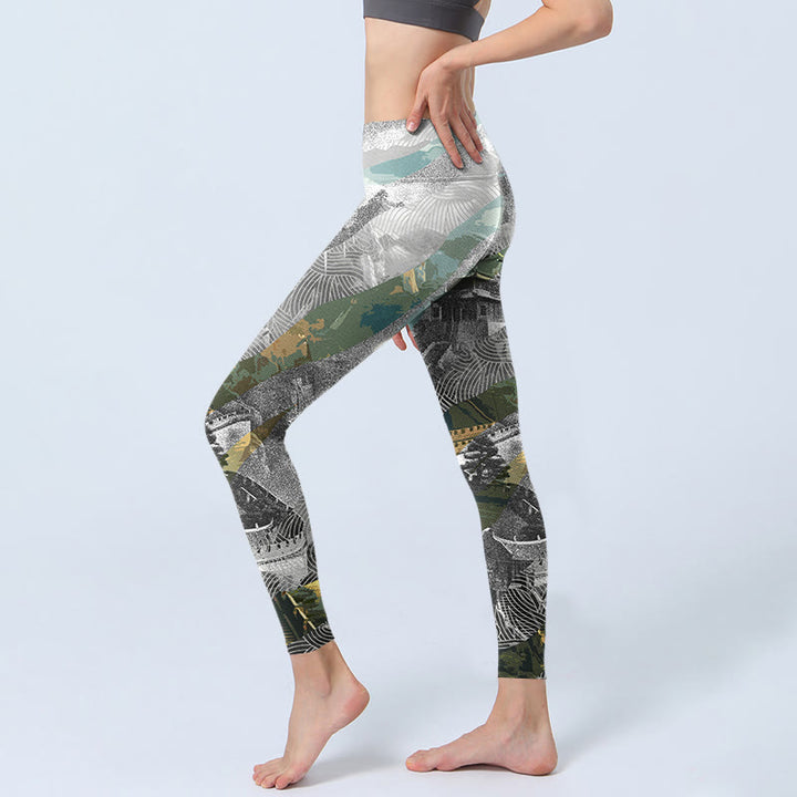Leggings sportivi da fitness con stampa della Grande Muraglia in stile antico Buddha Stones, pantaloni da yoga da donna