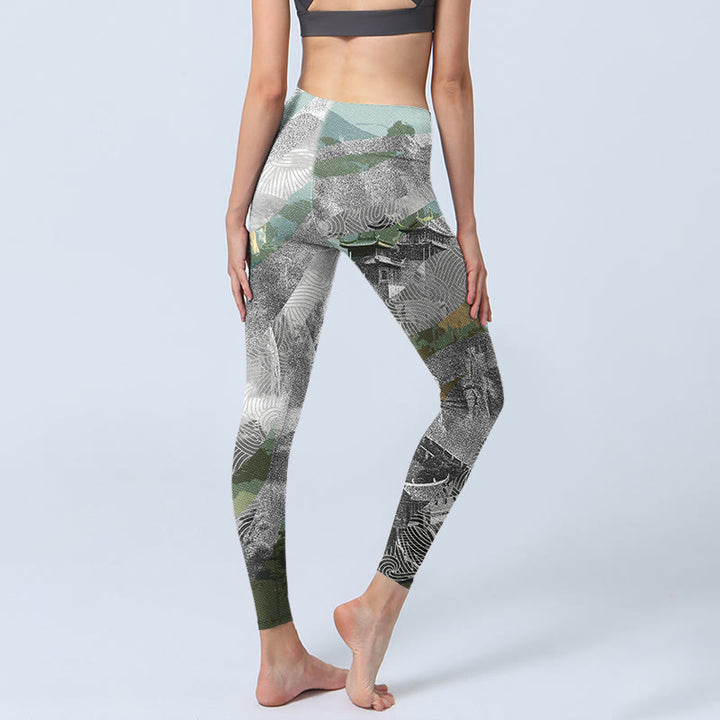 Leggings sportivi da fitness con stampa della Grande Muraglia in stile antico Buddha Stones, pantaloni da yoga da donna