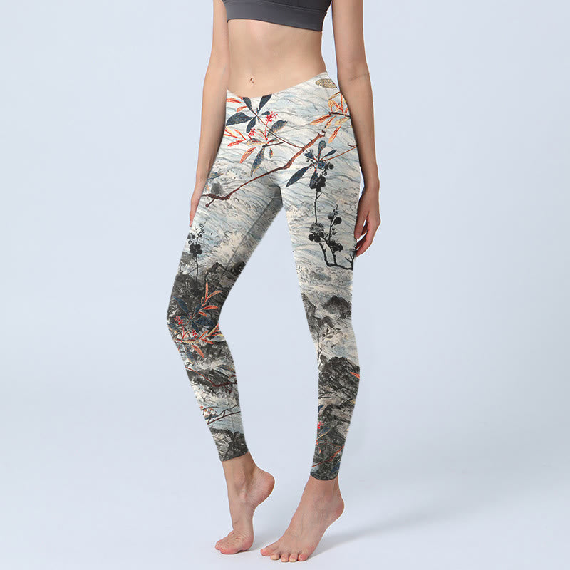 Leggings da palestra fitness con stampa Buddha Stones Waves Rocks Trees da donna Pantaloni da yoga - Beige - US18, UK/AU22, EU50 (4XL) - image 0
