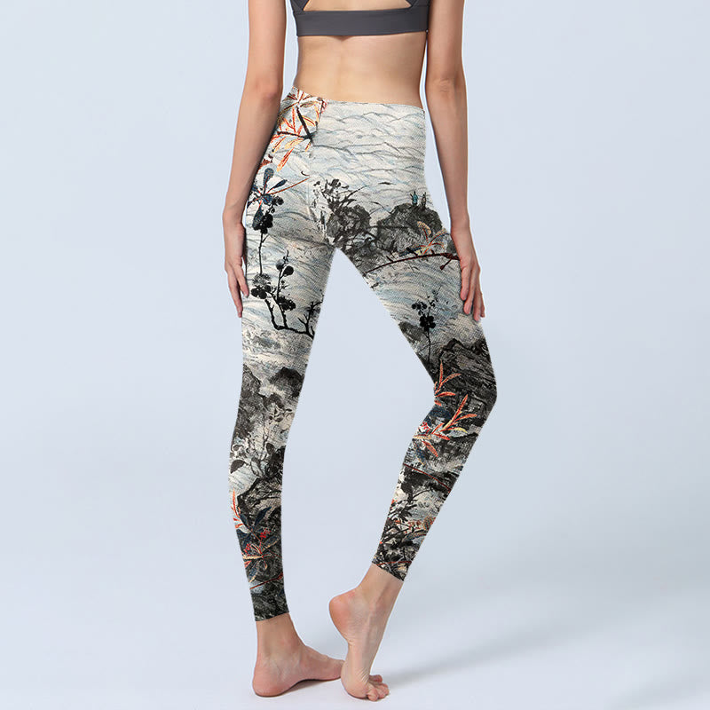 Leggings da palestra fitness con stampa Buddha Stones Waves Rocks Trees da donna Pantaloni da yoga