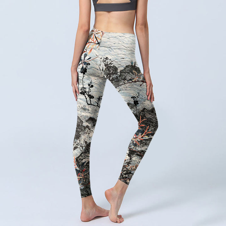 Leggings da palestra fitness con stampa Buddha Stones Waves Rocks Trees da donna Pantaloni da yoga