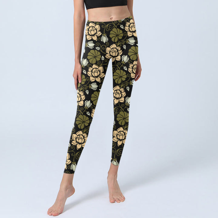 Leggings da palestra con stampa Buddha Stones Yellow Flowers Green Leaves, pantaloni da yoga da donna