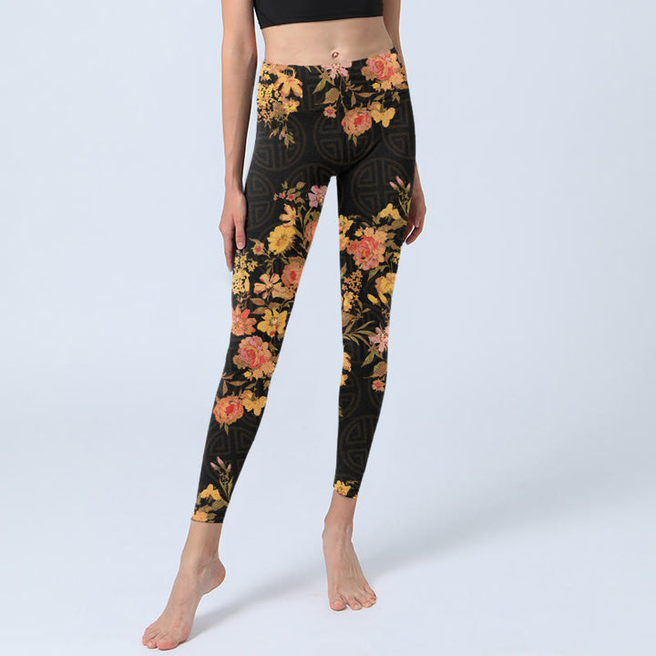 Leggings da palestra con stampa Buddha Stones Yellow Pink Flowers Green Leaves Pantaloni da yoga da donna