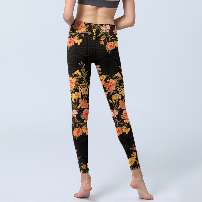 Leggings da palestra con stampa Buddha Stones Yellow Pink Flowers Green Leaves Pantaloni da yoga da donna