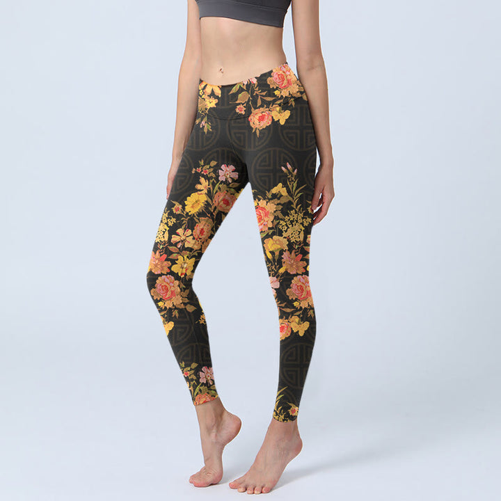 Leggings da palestra con stampa Buddha Stones Yellow Pink Flowers Green Leaves Pantaloni da yoga da donna
